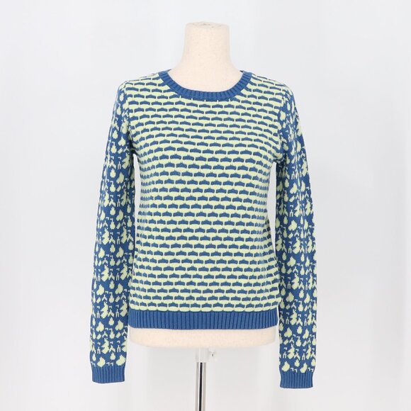 SI- IAE Cashmere Blend Knitted Graphic Print Crewneck Blue Yellow Size SP - Picture 1 of 6